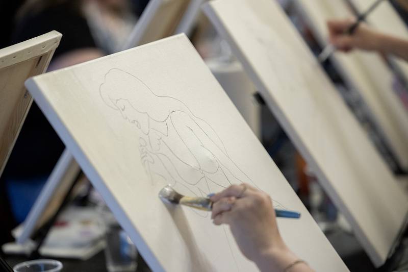 The canvas’ for the painters come pre-sketched Monday, April 15, 2024. Robinson leads the group through suggested paint placement but the artistry comes from the painters themselves.