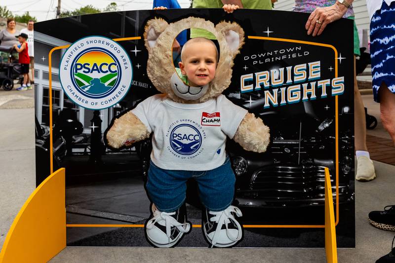 Plainfield resident Max Mann stops at the Plainfield Shorewood Area Chamber of Commerce photo station during the first Cruise Night of the season on June 3, 2025.