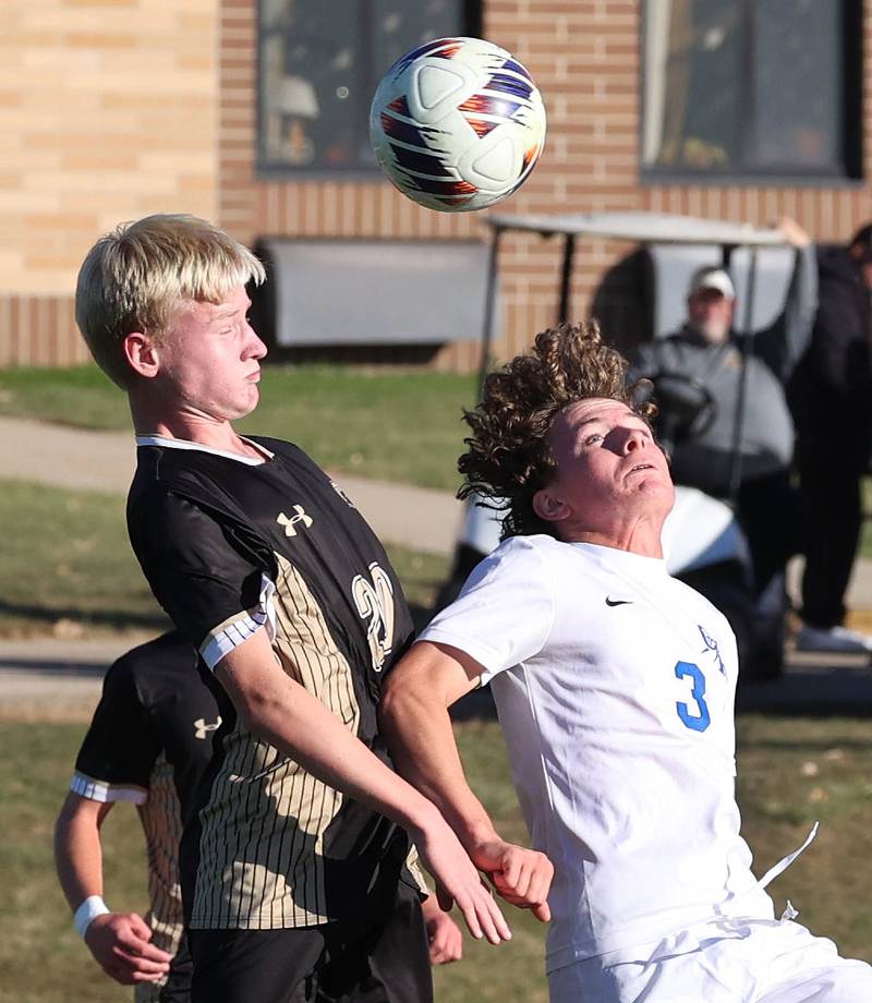 Sycamore's Paxton Nicol (left) and Burlington Central's Zach Batani go up for a header Wednesday, Oct. 23, 2024, during their Class 2A Sycamore Regional semifinal.