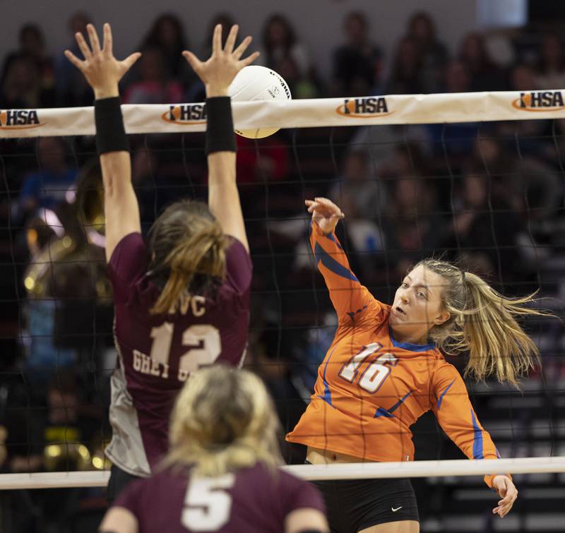 Genoa-Kingston’s Alayna Pierce spikes the ball Friday, Nov. 11, 2022 in the class 2A semifinal game against IVC.