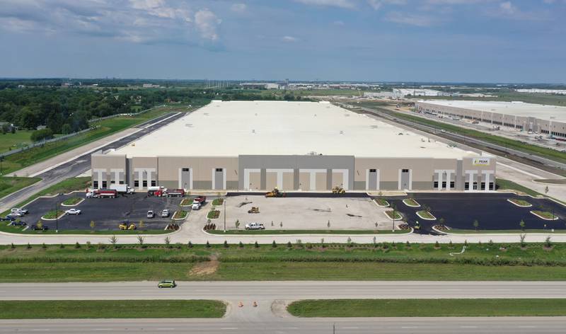 An aerial view of a warehouse distribution center built by the NorthPoint group near the intersection of Noel Road and Illinois Route 53 in Elwood. NorthPoint is developing the Third Coast Intermodal Hub, a warehouse development of more than 2,000 acres stretching from Joliet to Elwood.