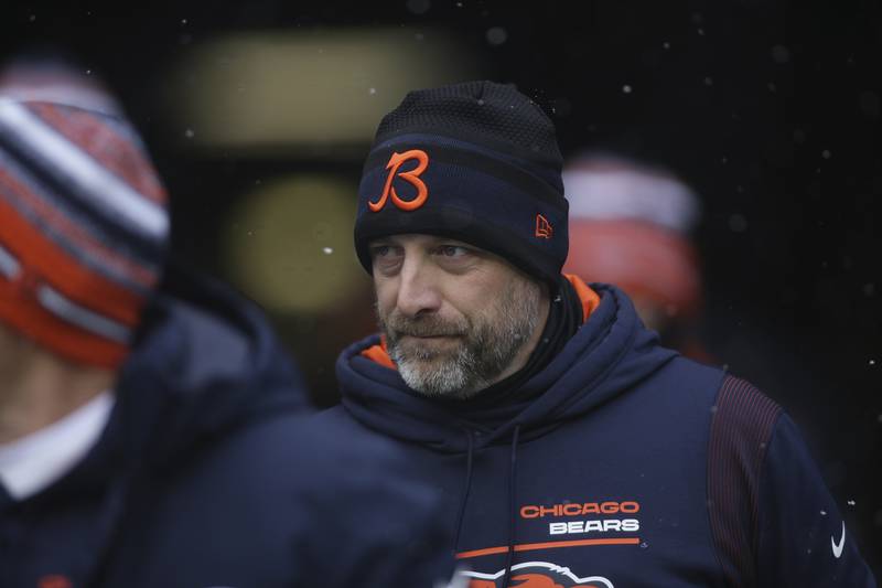 Chicago Bears head coach Matt Nagy heads toward the field against the Seattle Seahawks before the first half Sunday, Dec. 26, 2021, in Seattle.