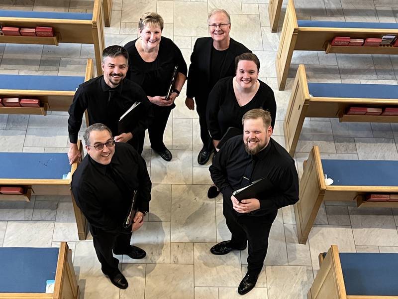 Choirmasters Connect. Local high school choral directors convene with St. Charles Singers’ founder and artistic director Jeffrey Hunt at Baker Memorial United Methodist Church in St. Charles, site of their upcoming “Choral Connections” concerts. Clockwise from bottom left: Bryan Kunstman, Kaneland High School; Brian Jozwiak, Woodstock High School; Laura Johnson, Glenbard North High School; Hunt; Jessica Heinrich, Geneva High School; and Drayton Eggleson, Sycamore High School. Not pictured: Monica Bertrand, St. Charles East.