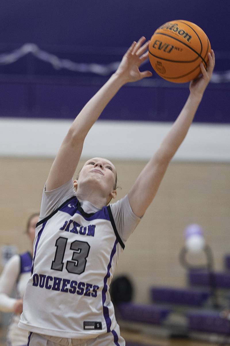 Dixon’s Sophia Wendt hauls in a pass against Harvest-Westminster Wednesday, Feb. 11, 2026.