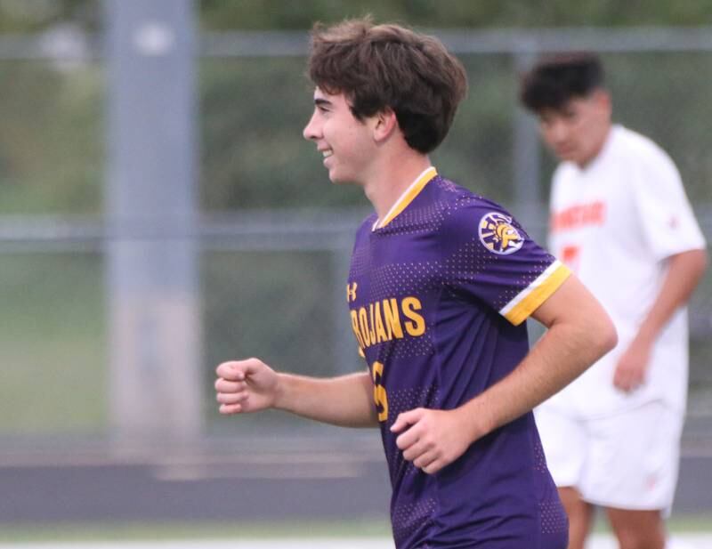 Mendota's Ramiro Palacios smiles after scoring a goal against Winnebago on Wednesday, Oct. 4, 2023 at Mendota High School.