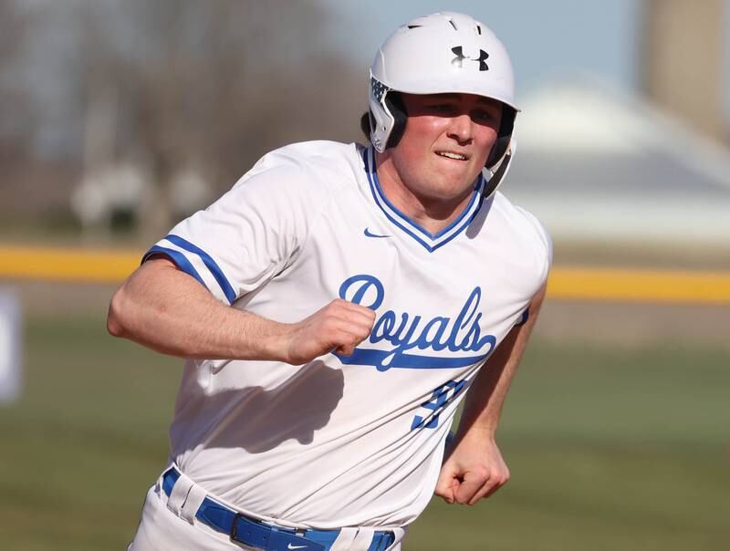 Hinckley-Big Rock’s Martin Ledbetter rounds second base Monday, April 8, 2024, during their game against Newark at Hinckley-Big Rock High School.