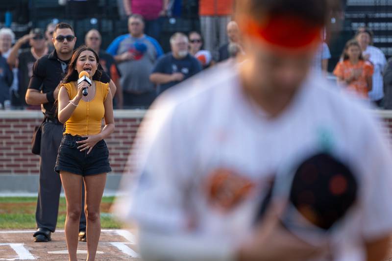 Alina Diaz performs the National Anthem at the final home game of the 2025 season for the Pistol Shrimp on Thursday, July 31, 2025, at Schweickert Stadium in Peru.