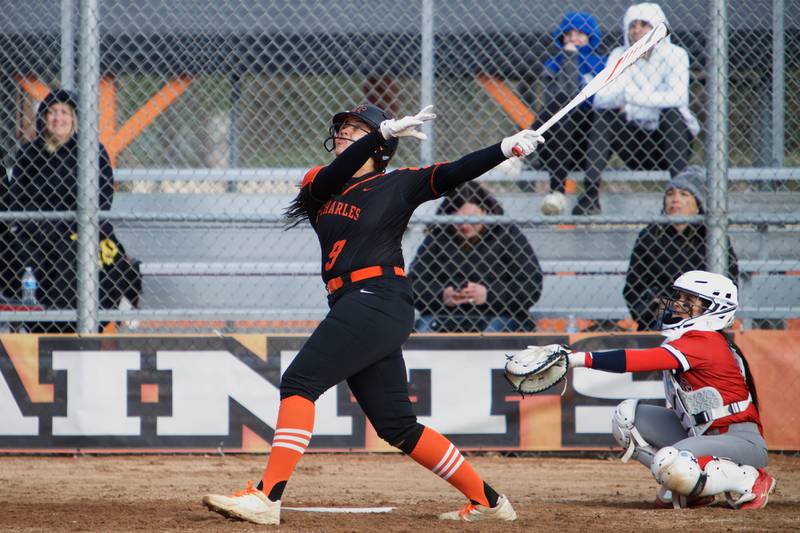St. Charles East's Cici Wilson connects for a home run against West Aurora on April 6,2022 in St. Charles.