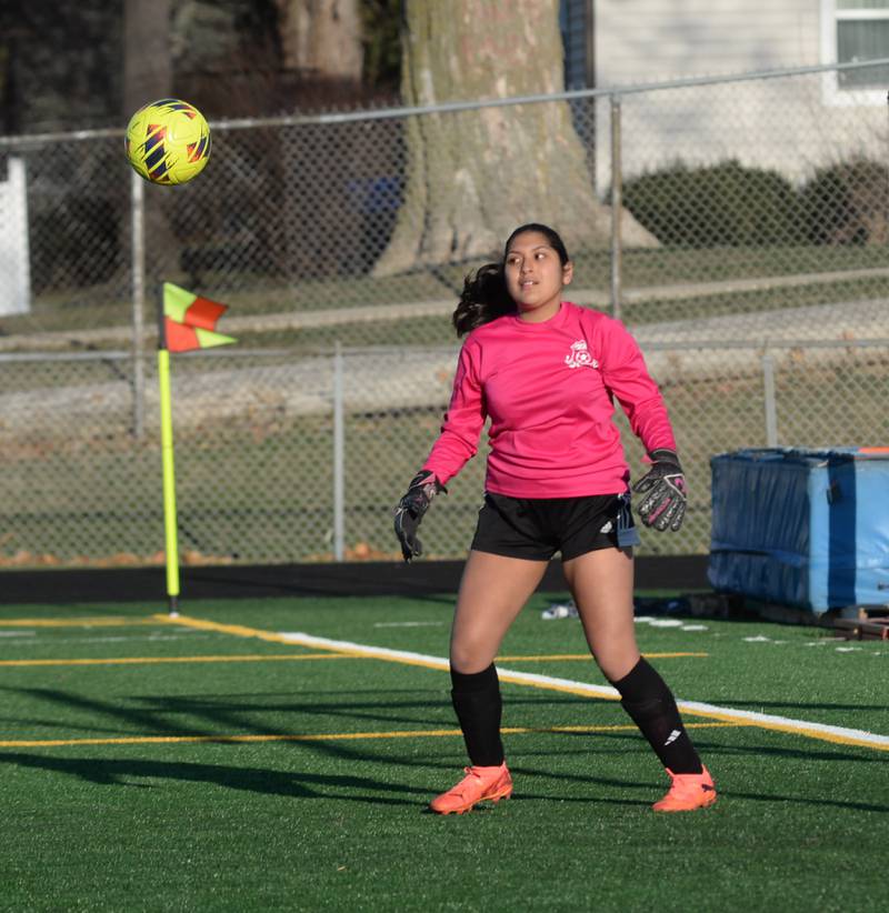 Oregon keeper Mili Zavala watches the ball after it bounced off the crossbar on Monday, March 31, 2025 during a game against Freeport at Freeport High School.