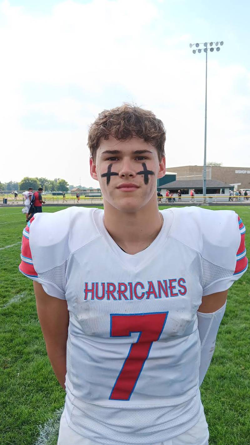 Marian Central Catholic's Cale McThenia threw six touchdown passes in the Hurricanes 40-0 victory over Bishop McNamara Saturday.