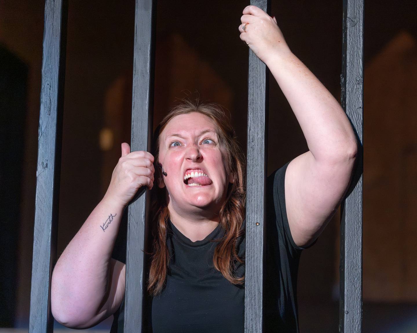 Andrea Moell plays a crazed prisoner during a rehearsal scene for Puffs at Stage 212 on November 4, 2025 in Lasalle.