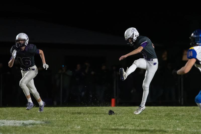 Wilmington's Evan Ostheim kicks off during the Wildcats' 49-7 victory over Tri-Valley in the quarterfinal game on Saturday, Nov. 15, 2025.