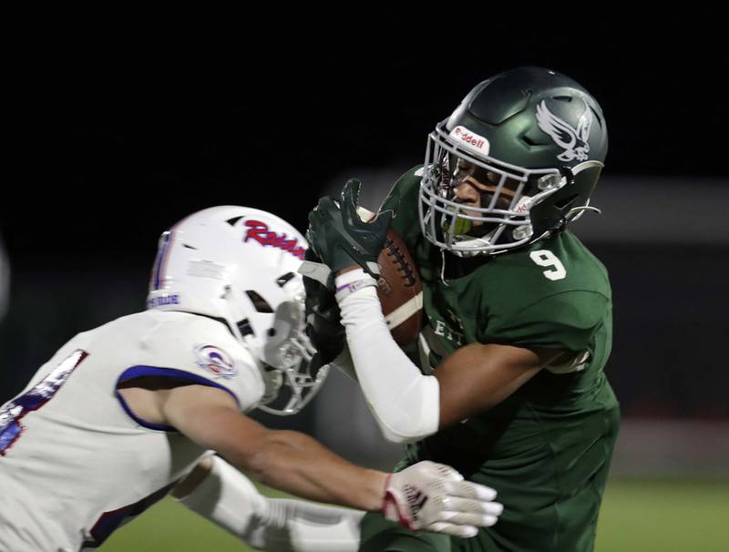 Bartlett's Jacob Caradine (9) is brought down by Glenbard South's 44  Friday September 23, 2022 in Bartlett.