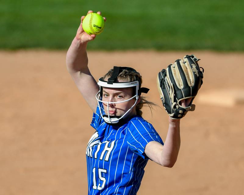 St. Charles North's Paige Murray (15) pitches against Lake Park High School during the game on Wednesday April 24, 2024, held at Lake Park High School.