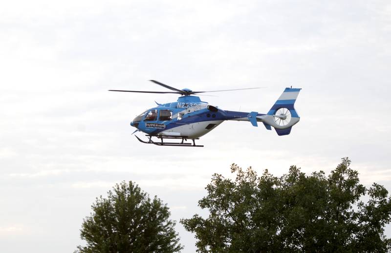 A Superior Air Med rescue helicopter takes off after being on display during the Kane County Sheriff’s Office National Night Out event in St. Charles on Tuesday, Aug. 1, 2023. The community-building event began nationally in 1984.