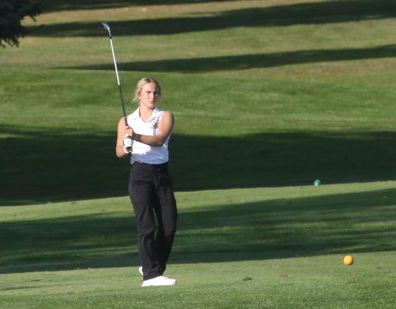 Coal City's Livia Sluzberger tees off on Monday, Sept. 8, 2025 at Deer Park Golf Club in Oglesby.