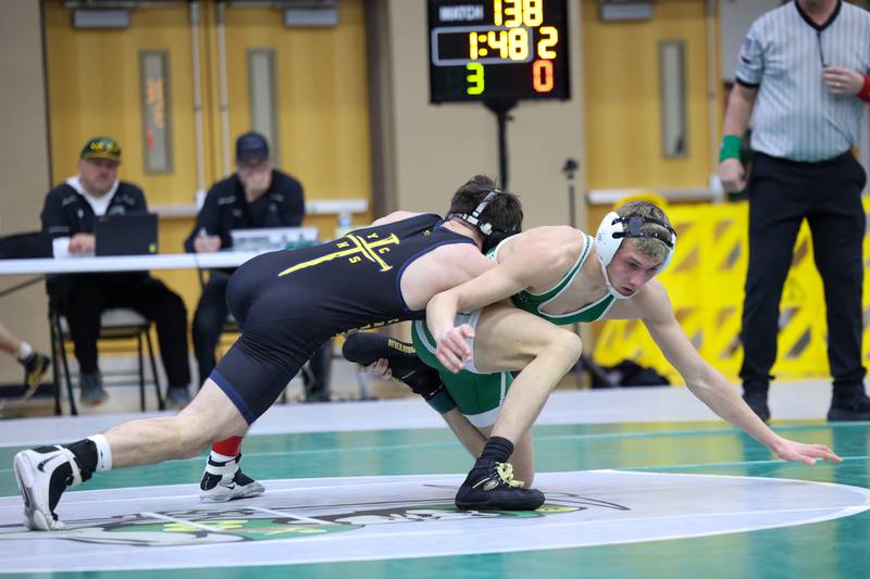 Coal City's Luke Munsterman wrestles Yorkville Christian's Ryan Alaimo in the 138-pound third place match during the IHSA Class 1A Coal City Sectional on Saturday, Feb. 14, 2026.