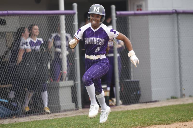 Manteno's Amiya Carlile comes in to score the winning run of the Panthers' 6-5 home win over Pontiac Friday, April 3, 2026.