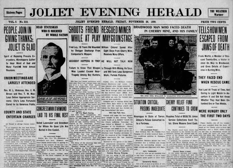 The front page of the Joliet Evening Herald from Friday, Nov. 26, 1909.