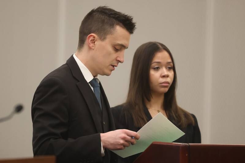 Will County Assistant Public Defender Zack Strupeck enters a plea of not guilty for his client, Kyleigh Cleveland-Singleton, 21, at her an arraignment at the Will County Courthouse on Thursday, Feb. 8th 2024 in Joliet.