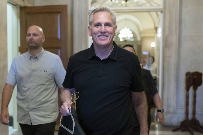 Speaker of the House Kevin McCarthy, R-Calif., walks to leave Capitol Hill, Monday, May 29, 2023, in Washington. After weeks of negotiations, President Joe Biden and House Speaker Kevin McCarthy have struck an agreement to avert a potentially devastating government default. The stakes are high for both men — and now each will have to persuade lawmakers in their parties to vote for it. (AP Photo/Jose Luis Magana)