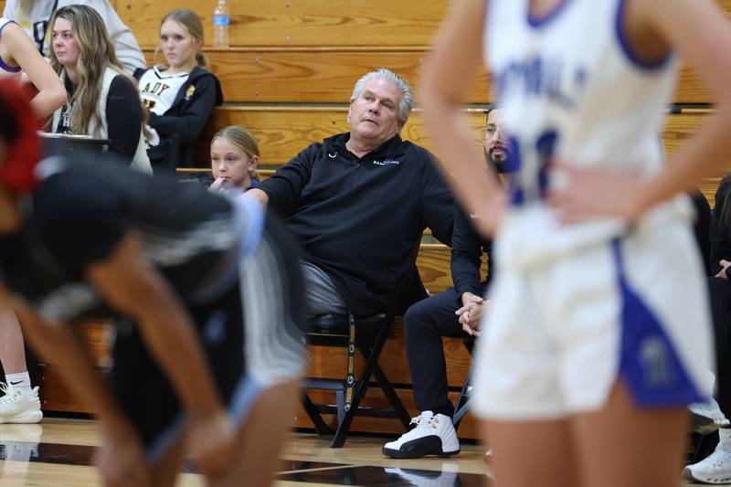 Rosary head coach John Rutter watches a free throw during the Kays' 75-28 victory over Rosary at the Reed-Custer Classic on Monday, Nov. 17, 2025.