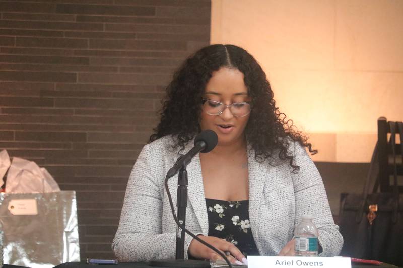 Board Secretary Ariel Owens gives her final remarks May 6, 2025, during the DeKalb School District 428 Board meeting.