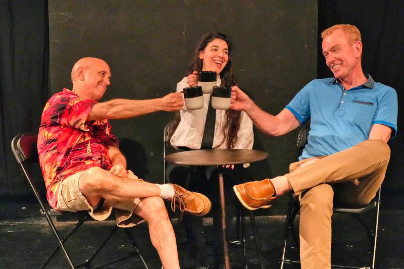 The three hosts enjoy some downtime in "The Second-to-Last Exit" at Village Theatre Guild [L to R: Danny Glenn, Jamie Lee, Guy Sullivan]