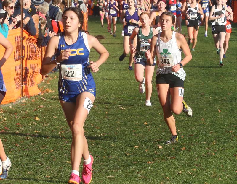Aurora Central Catholic's Ailidzie Perez and Seneca's Gracie Steffes compete in the Class 1A Cross Country Finals on Saturday, Nov. 4, 2023 at Detweiller Park in Peoria.
