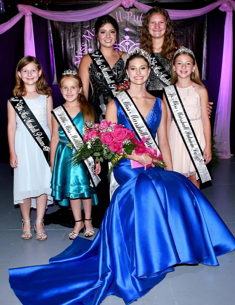 The M-P Fair royalty will be Miss Marshall-Putnam Nadia Kessling (center), Jr. Miss Marshall-Putnam Trinity Frawley (right front) and Little Miss Marshall-Putnam Olivia Erjavsek (left front). The first runner-up is Little Miss Marshall-Putnam Cooper Martin (left back), first runner-up is Miss Marshall-Putnam Kylee Cook (middle back), and first runner-up Jr. Miss Marshall-Putnam is Emma Kay Gaspardo (right back).