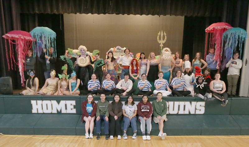 The cast of "The Little Mermaid" pose for a photo on Monday, March 18, 2024 at St. Bede Academy.