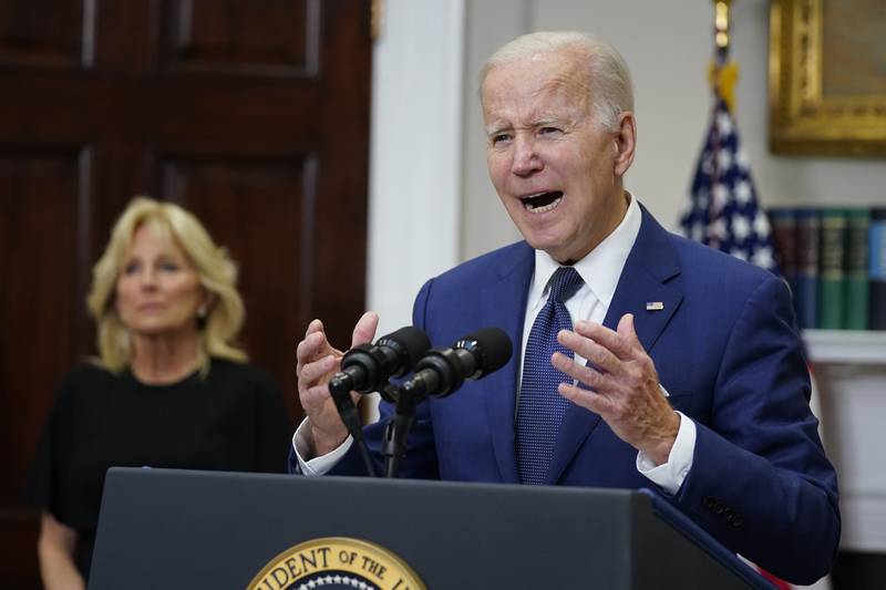 President Joe Biden speaks to the nation about the mass shooting at Robb Elementary School in Uvalde, Texas, from the White House, in Washington, Tuesday, May 24, 2022, as first lady Jill Biden listens. (AP Photo/Manuel Balce Ceneta)