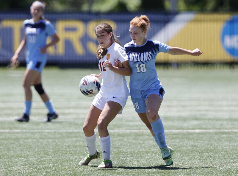 Willows' Emily Elder (18) fights for the ball against Richmond-Burton's Nicole Mendlik (12) during the Class 1A Dominican super-sectional between Willows Academy and Richmond-Burton HS in River Forest on Saturday, May 25, 2024.