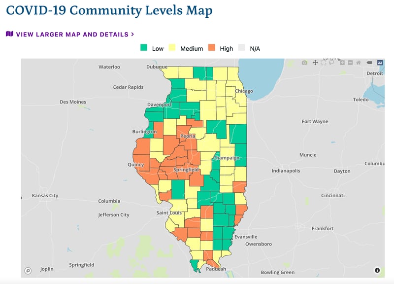 The latest COVID-19 community levels for Illinois as of January 6, 2023, from the Illinois Department of Public Health