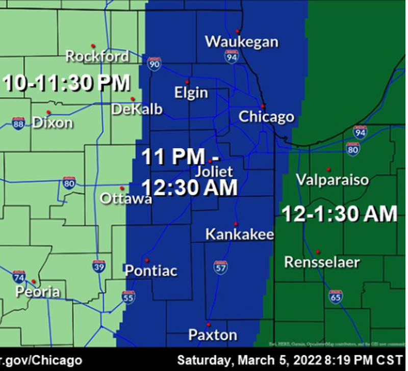 Storm projection map from the National Weather Service station in Romeoville shows the predicted arrival times of the storm moving east across Illinois on Saturday.