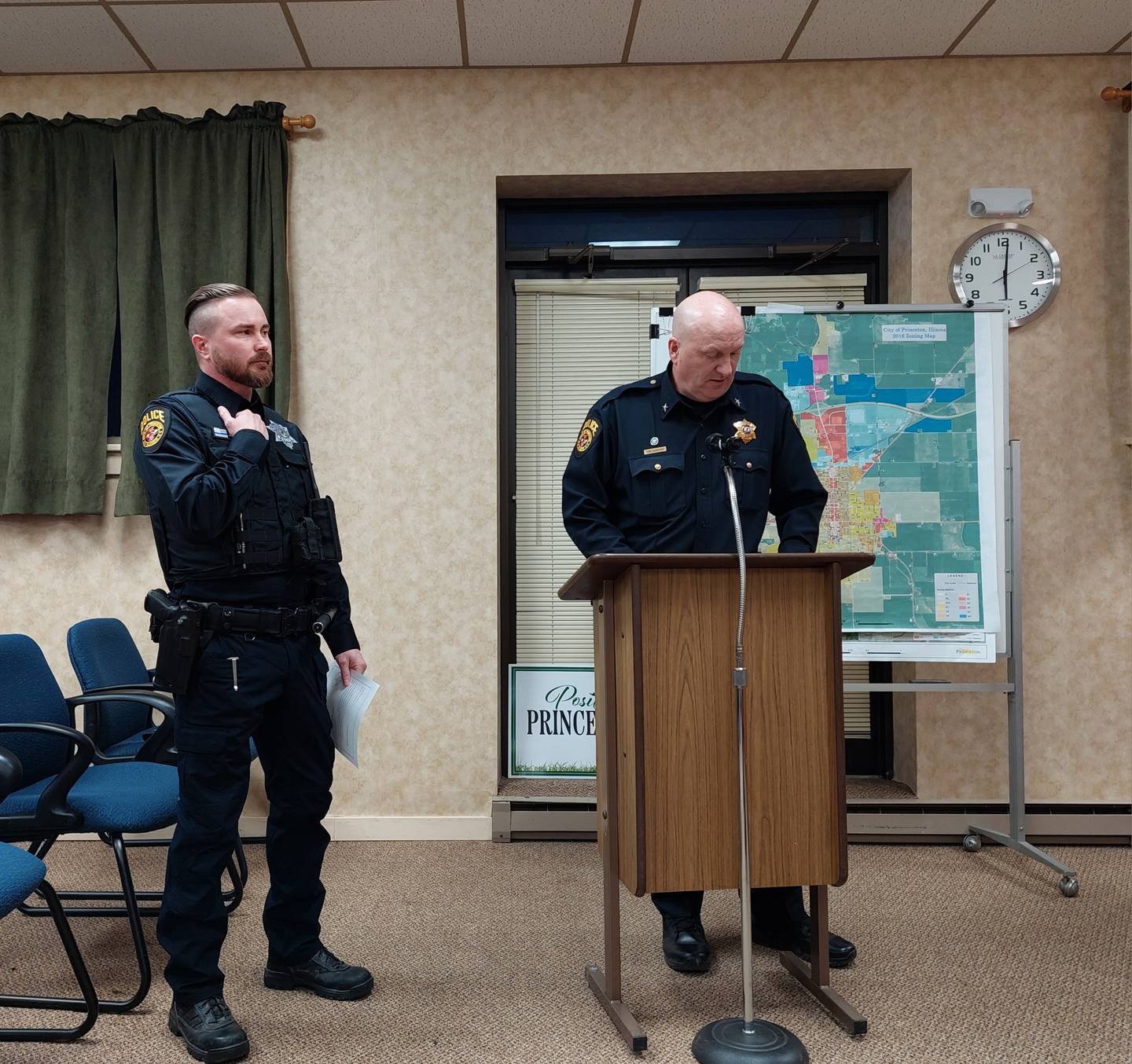 Princeton Police Chief Tom Kammerer speaks about Sgt. Jake Foster as he would later take the oath of office for the sergeant position Tuesday, Feb. 20, 2024, during the Princeton City Council meeting.