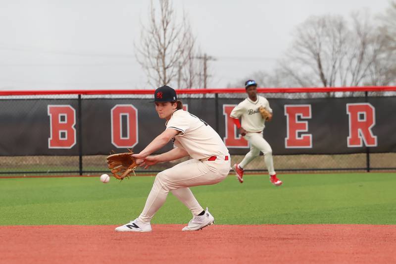 Bradley-Bourbonnais' Andrew Kubal fields the ball near second base during the Boilermakers' 8-7 loss to Homewood-Flossmoor on Monday, April 13, 2026.