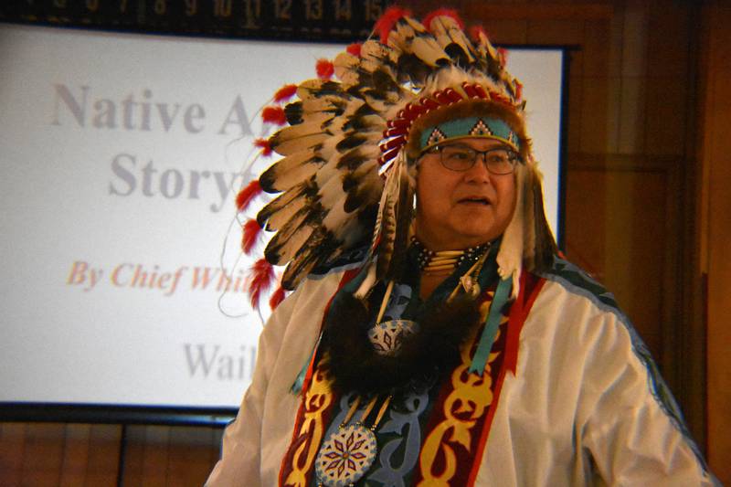 Gerald Savage, 64, of Gary is a member of the Ho-Chunk tribe. He presented a slideshow Saturday, Feb. 8, 2025, at Flock to the Rock in Rock Falls.