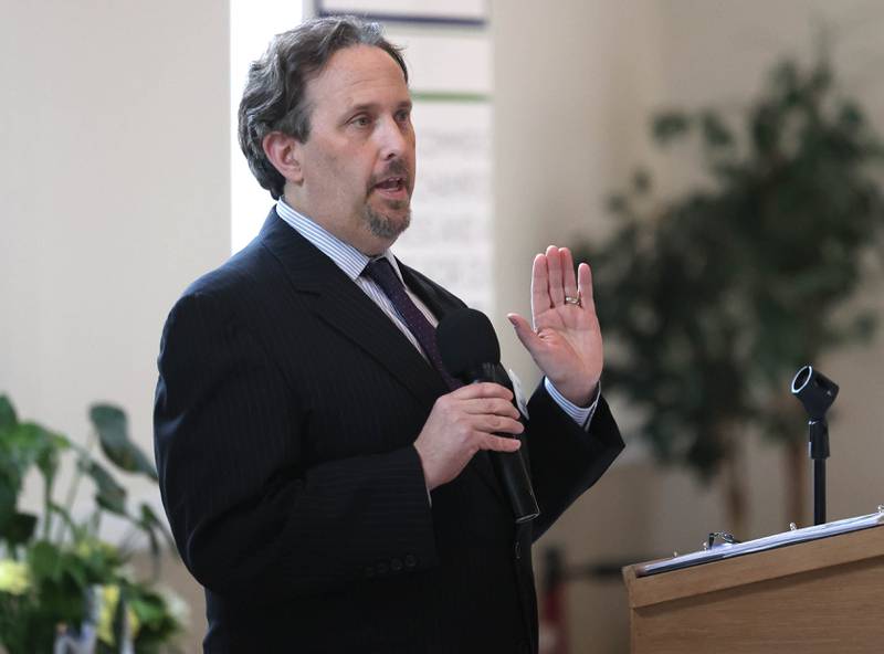 Jay Riippi, president of the Sycamore Chamber of Commerce, gives the year in review summary Thursday, March 5, 2026, during the Sycamore Chamber of Commerce Annual Meeting in Memorial Hall at St. Mary's Catholic Church in Sycamore.