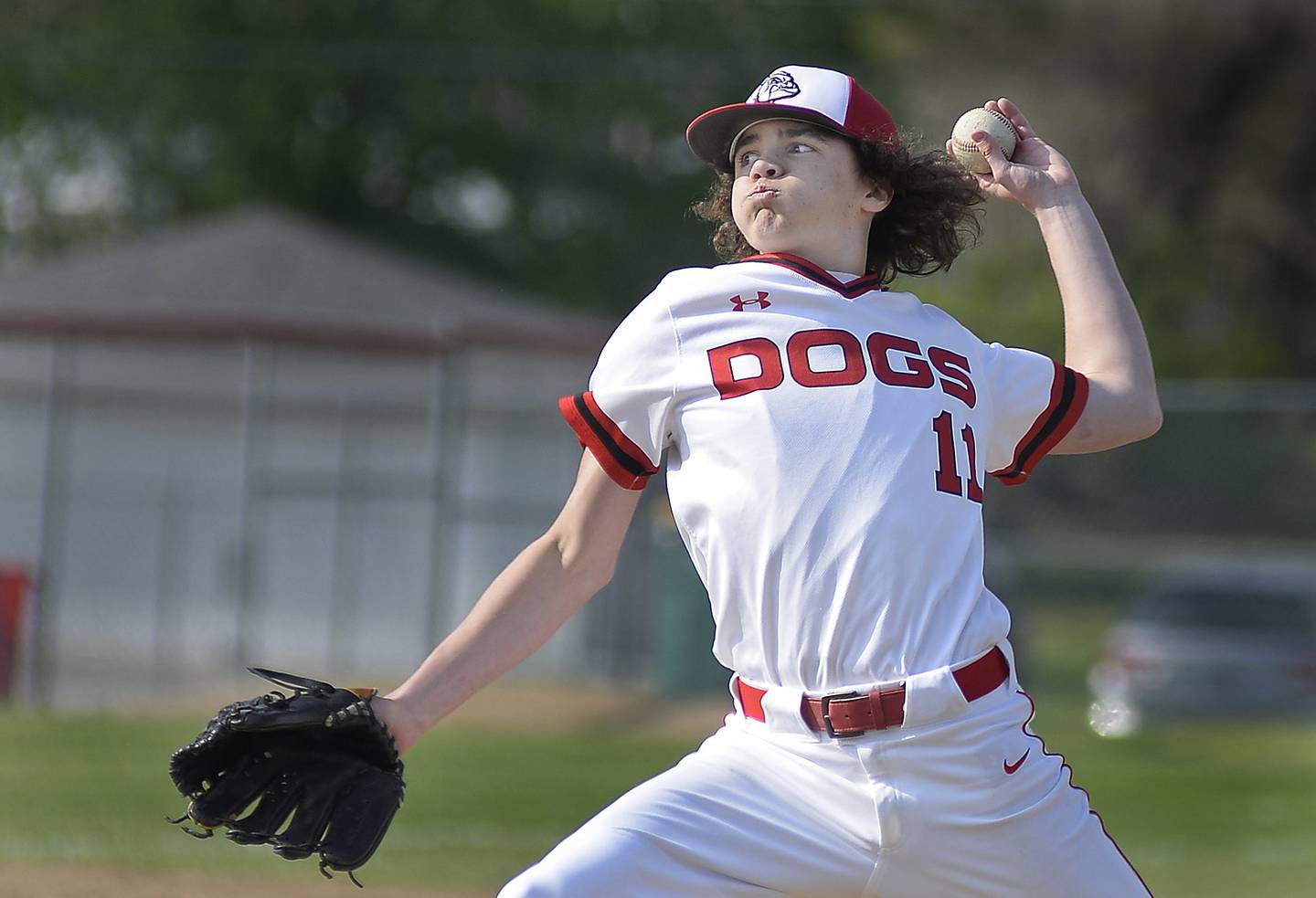 Streator starting pitcher Jake Hagie (11) delivers home during his shutout of Manteno on Tuesday, April 25, 2023, in Streator.