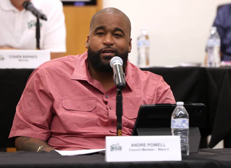 DeKalb 5th Ward Alderman Andre Powell speaks Monday, June 23, 2025, during the DeKalb City Council meeting at the DeKalb Public Library.