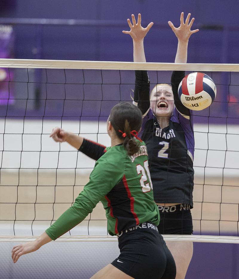 Dixon’s Madyson Tichler makes a block against L-P’s Anna Riva Tuesday, Oct. 29, 2024, at the class 3A regional semifinal in Dixon.