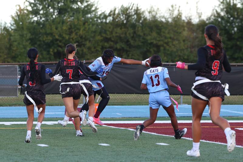 Kankakee's Lamaryah Smith reaches into the end zone for a touchdown during the Kays' 26-13 loss to Yorkville on Tuesday, Oct. 7, 2025.