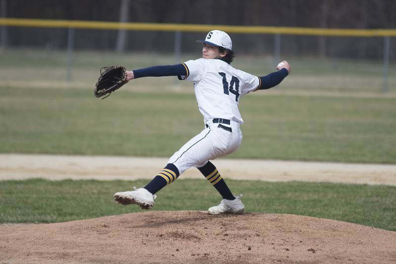 Sterling's Gio Cantu fires a pitch to start the game against Alleman on Tuesday, April 5, 2022.
