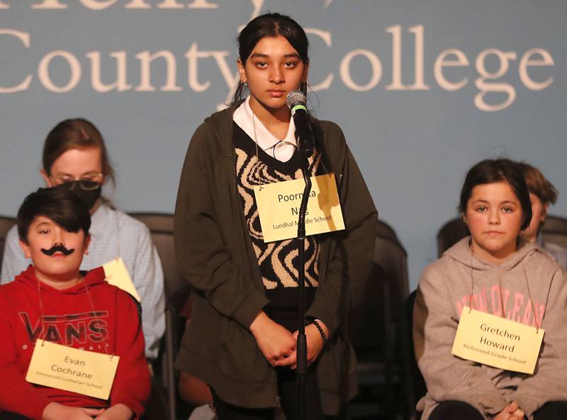 Poornika Nag of Lundhal Middle School in Crystal Lake competes in the McHenry County Regional Office of Education's 2023 spelling bee Wednesday, March 22, 2023, at McHenry County College's Luecht Auditorium in Crystal Lake.