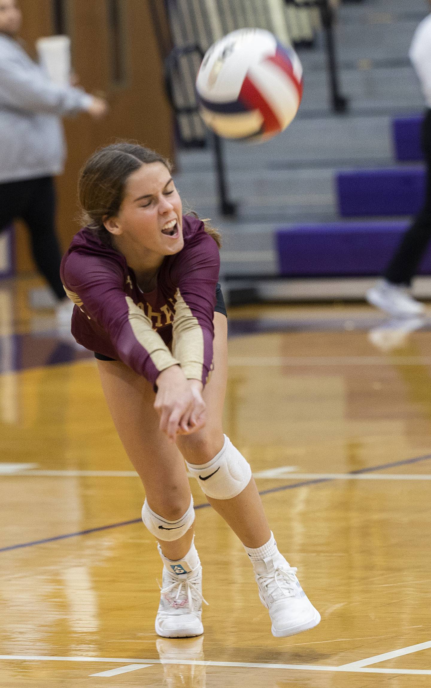 Morris’ Cami Pfeifer plays the ball against Sterling Tuesday, Oct. 29, 2024, at the class 3A regional semifinal in Dixon.