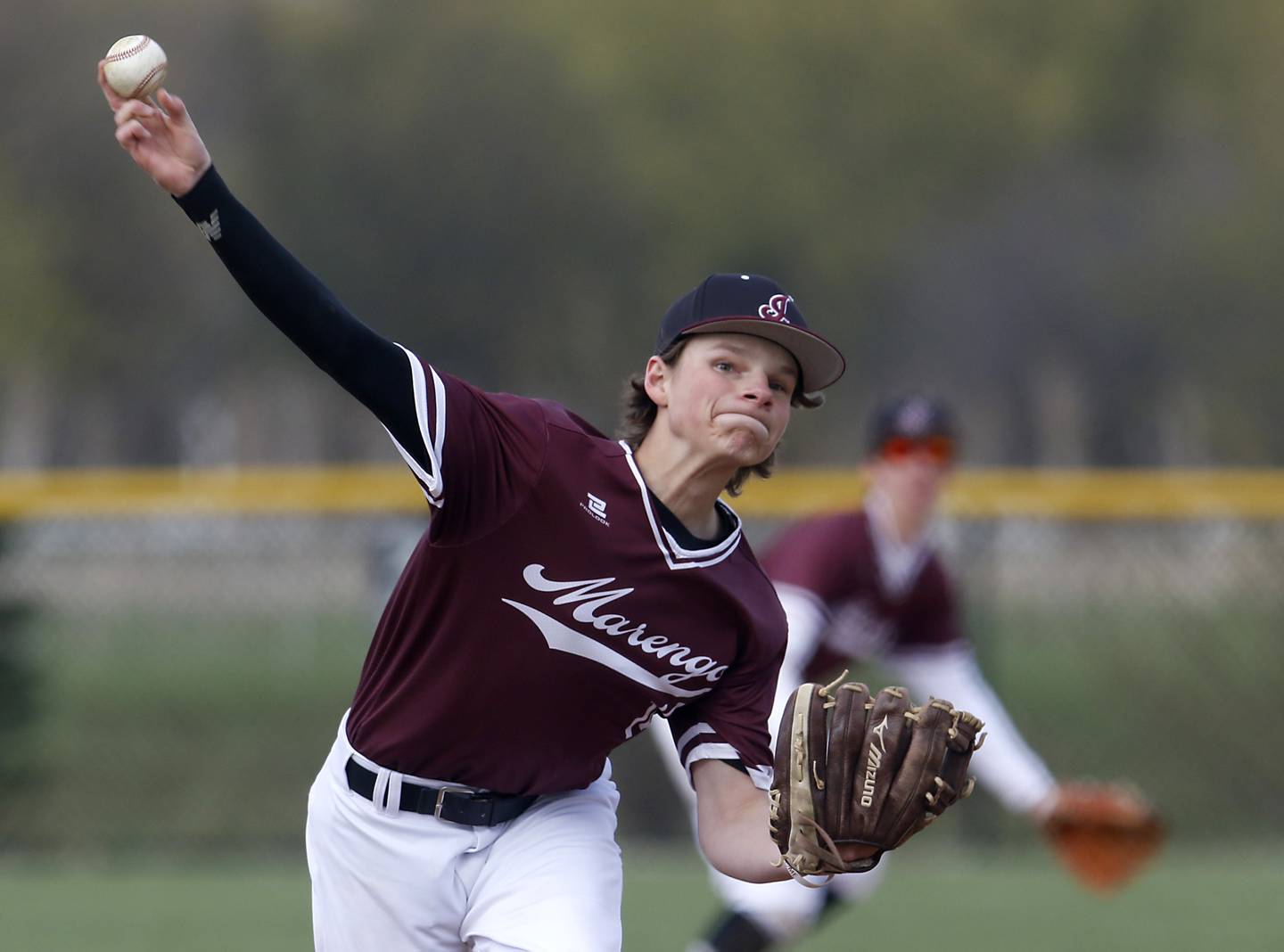 Marengo’s Aaron Schroeder throws a pitch during a Kishwaukee River Conference baseball game against Woodstock North Wednesday, April 25, 2023, at Woodstock North High School.