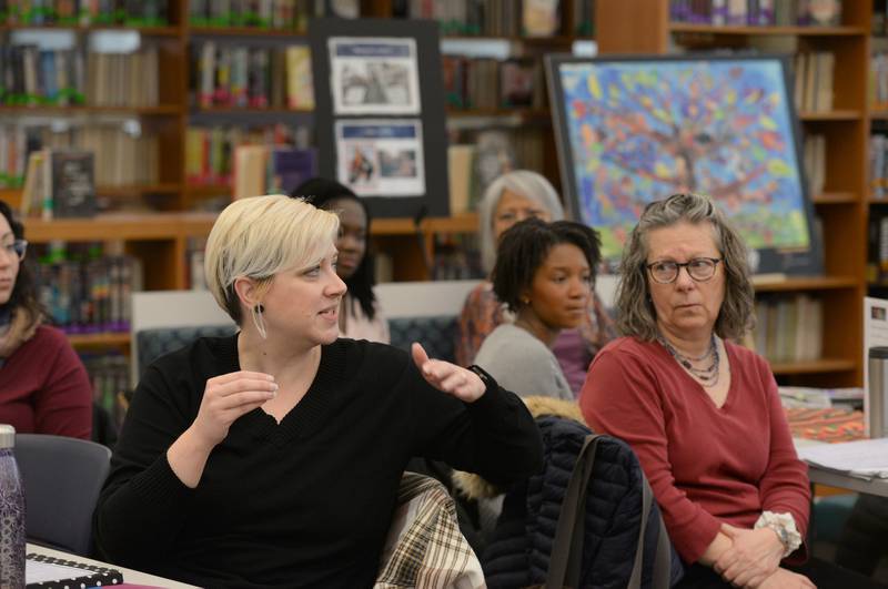 People including Student Services Coordinator for Indian Prairie School District 204, Kristine Micheles give their feedback to one of the activities during the Building Inclusive Community Conference held at Lyons Township Saturday, Feb. 8, 2025.