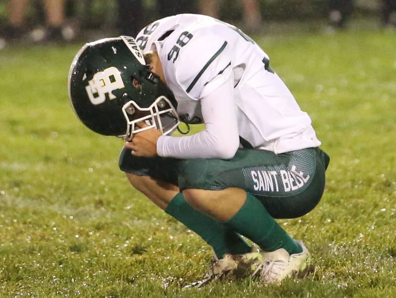 St. Bede kicker Ryan Soliman reacts after failing to have his onside kick recovered against Marquette on Friday, Oct. 13, 2023 at Gould Stadium.