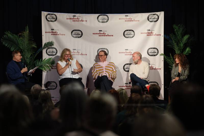 Lockport resident Ron Lif leads a question and answer with actors Bridget Everett and Jeff Hiller and co-creators Paul Thureen and Hannah Bow at the HBO premiere of Somebody Somewhere at Roxy Lockport on Wednesday, Oct. 30, 2024 in Lockport.